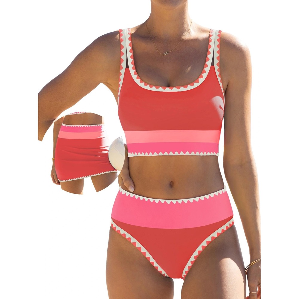 NWT Popvil 3 Piece High Waist Bikini Tummy Control Swimsuit Skirt Red/Pink Small